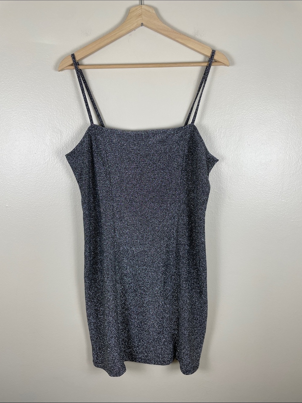Divided Metallic Stretch Slip Mini Dress. Large